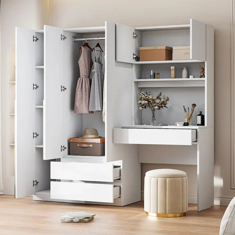 3-in-1 Wardrobe Closet with Vanity Desk, Desk Set, Bedroom Armoire with 2 Drawers 3-Door Storage Desk Wardrobe – Image 6