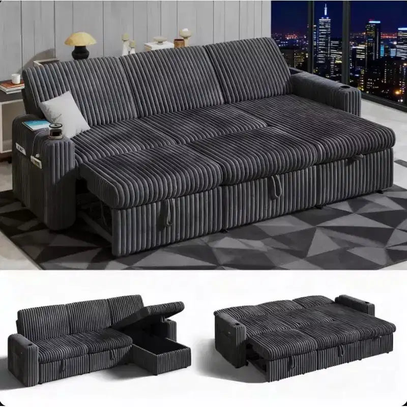 L-Shaped Sectional Sleeper Sofa with Pull-Out Bed, USB Ports & Storage – Image 4