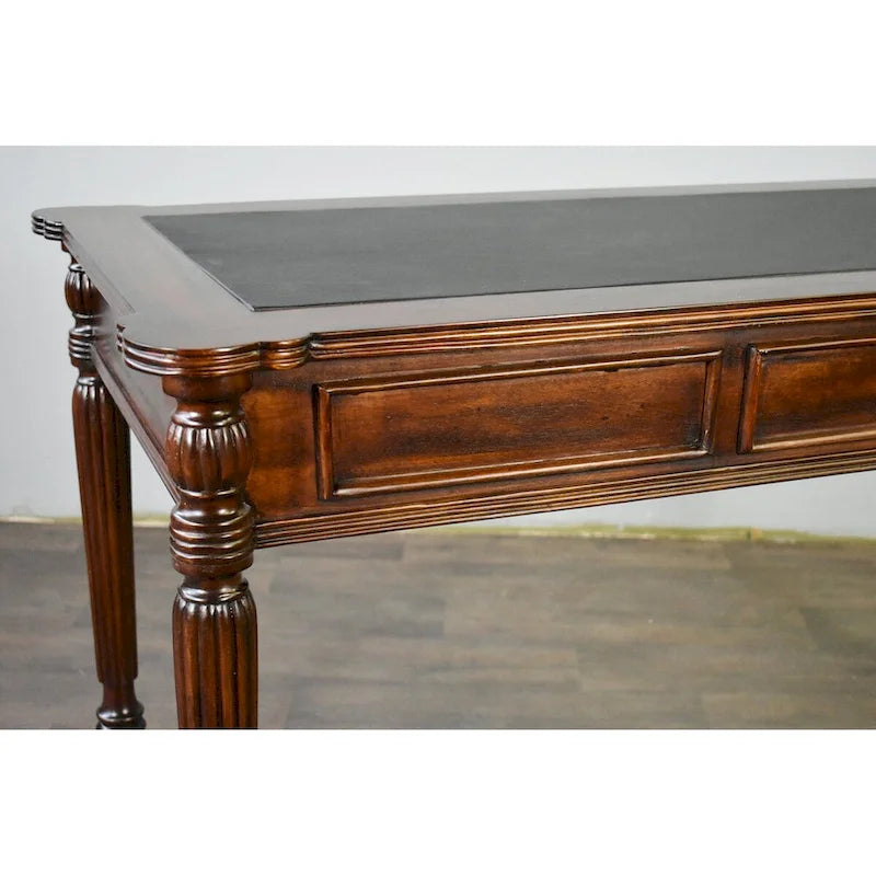 Dark Brown / Light Brown Victorian-Style Solid Mahogany Desk with Black Leather Top and 3 Drawers – Single Unit – Image 8