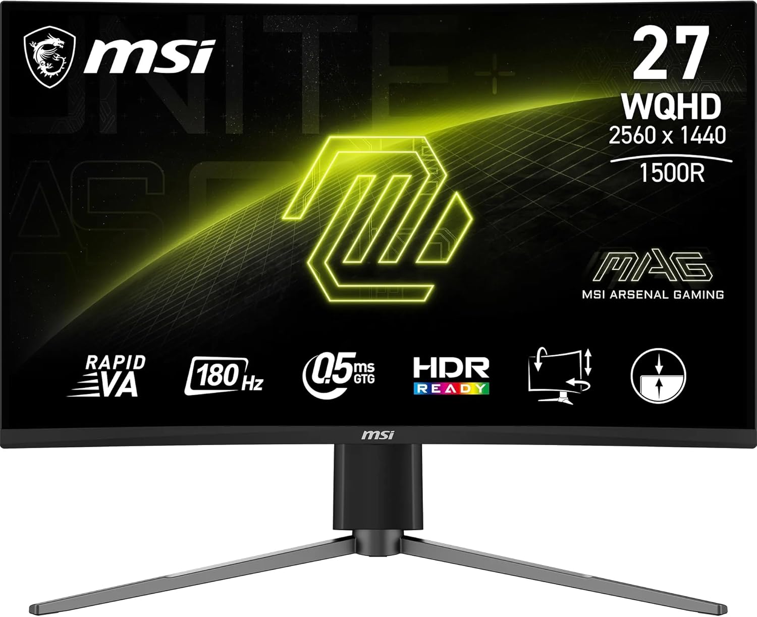 MSI MAG 27CQ6PF Écran Gaming incurvé FHD de 27 - Dalle Rapid VA 2560 x 1440 1500R, 180 Hz / 0,5ms (GtG, Min.), AMD FreeSync - DP 1.2a, HDMI 2.0b CEC