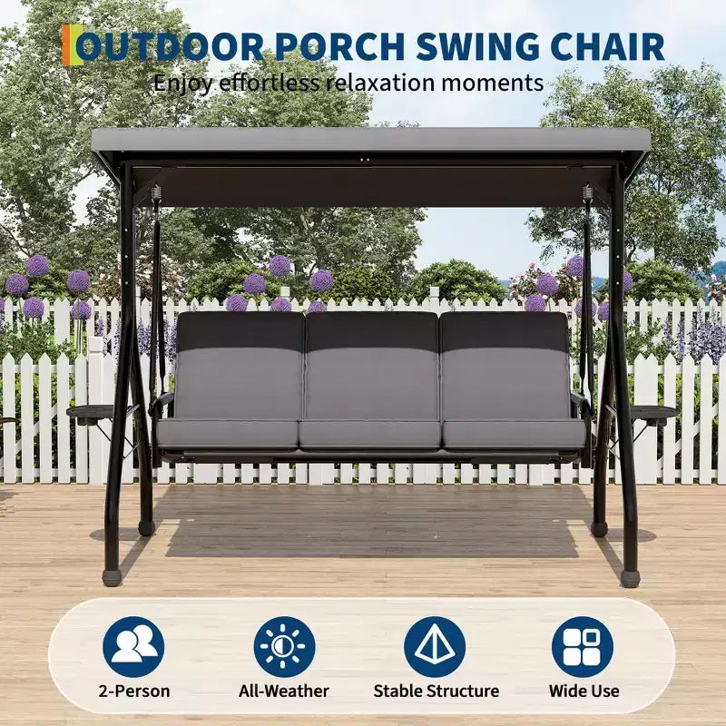 Coolmee 3 Seat Outdoor Porch Swing, 2-in-1 Patio Swing Chair with Thickened Removable Cushions, Weather Resistant Steel Frame for Backyard, Garden – Image 11