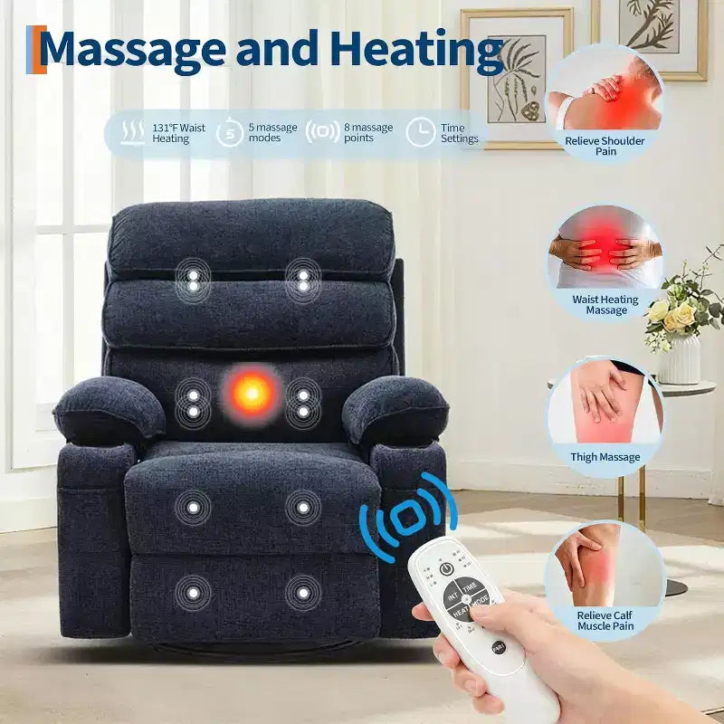 Massage Rocker Recliner with Heating, 360 Swivel Glider Recliner Chairs for Adults, Linen Nursery Chair with Side Pocket, Two Cup Holders – Image 8
