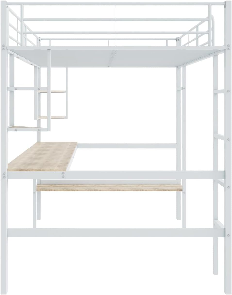 PUGSDRLY Lit Mezzanine Double 140x200cm avec Bureau et étagères, Cadre en Fer, Hauteur Adulte/Adolescent Blanc – Image 6