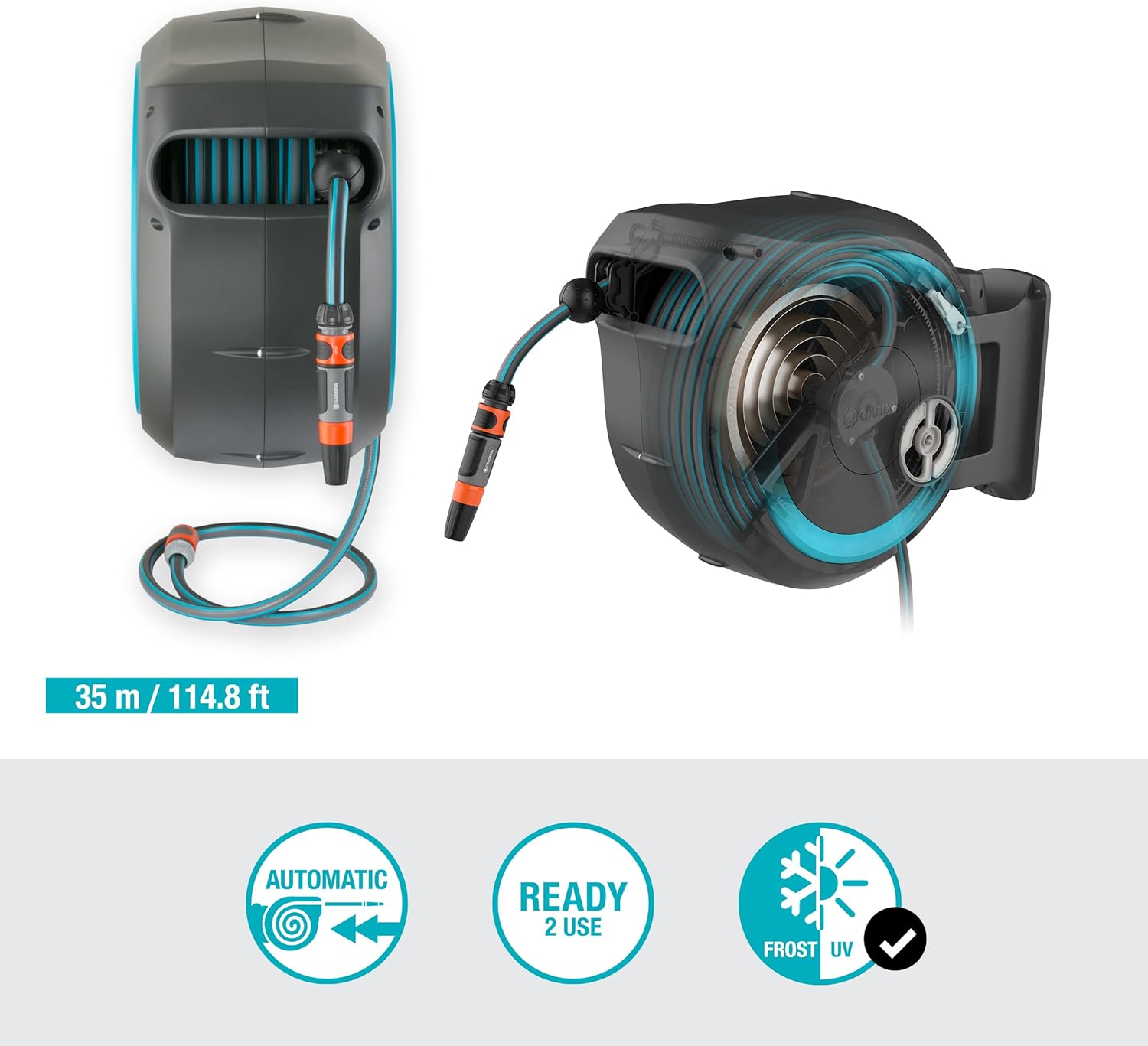 GARDENA Devidoir automatique mural RollUp XL liseret bleu - Longueur 35m - O13mm - Kit complet - Garantie 5 ans 18630-20 – Image 8