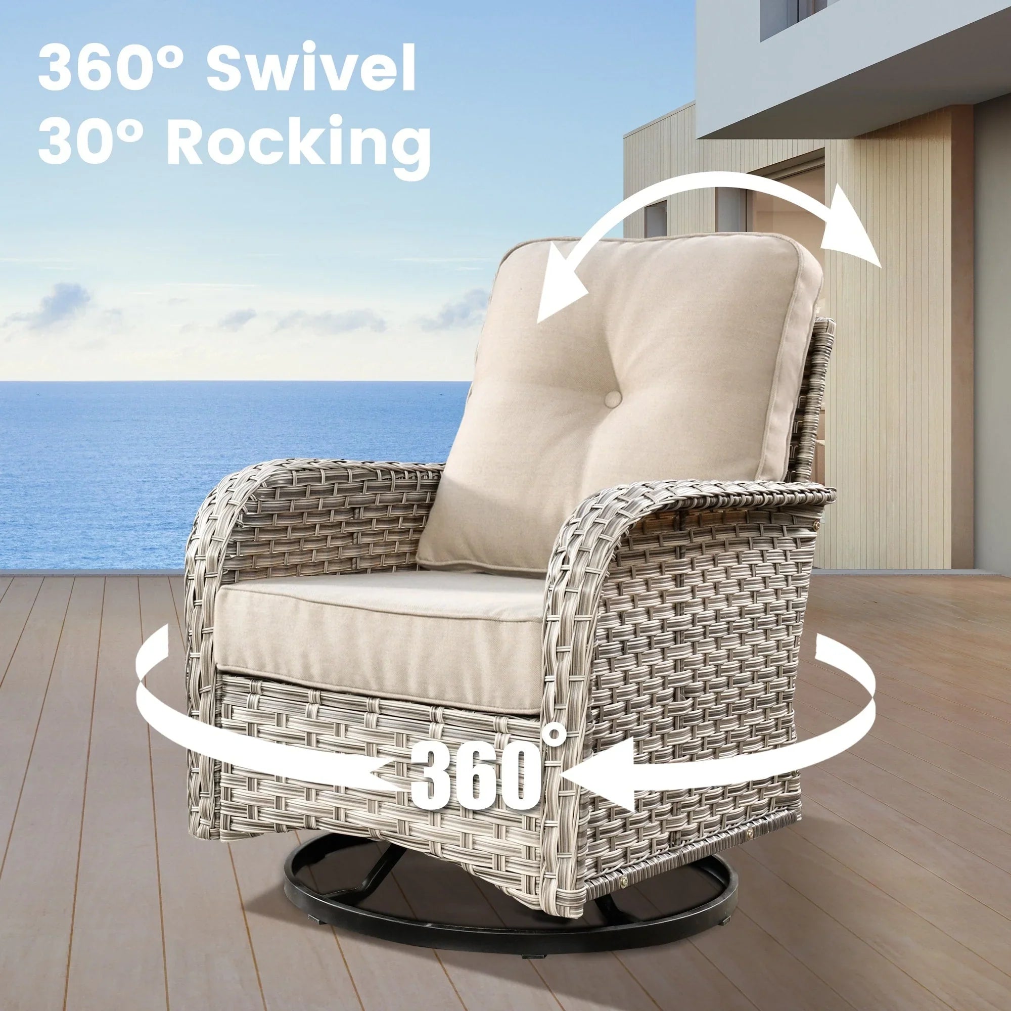 OVIOS 9 Pieces Outdoor Wicker Swivel Chair Set With Fire Table – Image 34