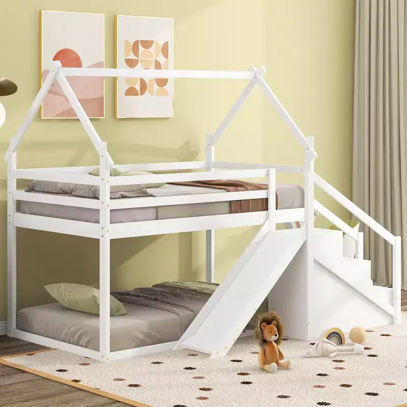 House Bunk Beds with Slide and Storage Stairs, Kids Wood Twin over Twin Bunk Bed with Roof and Stairs for Girls Boys – Image 18