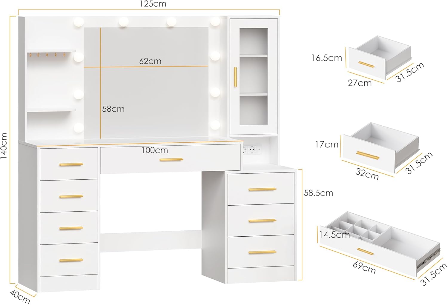 ANWBROAD Grande Coiffeuse avec Miroir et Prise, Éclairage LED Réglable,Table de Maquillage avec Plateau en Verre Coiffeuse Moderne avec 8 Tiroirs 3 Étagères 5 Crochets Blanc BDT88W – Image 7