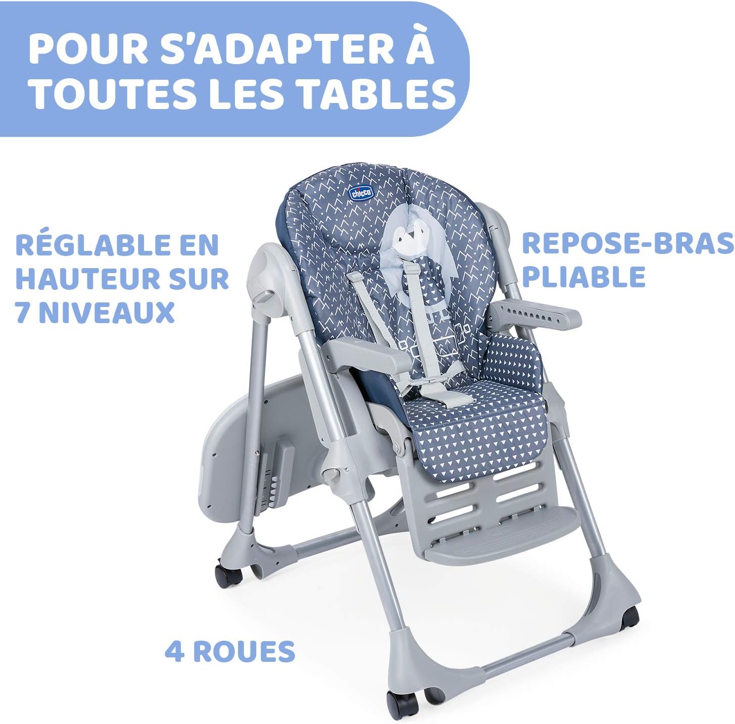 Chicco Chaise haute Réglable Polly Easy pour enfants de 6 mois à 3 ans (15 kg), inclinable, avec hauteur et repose-pieds réglables, 4 roues, pliage - Pinguin – Image 4