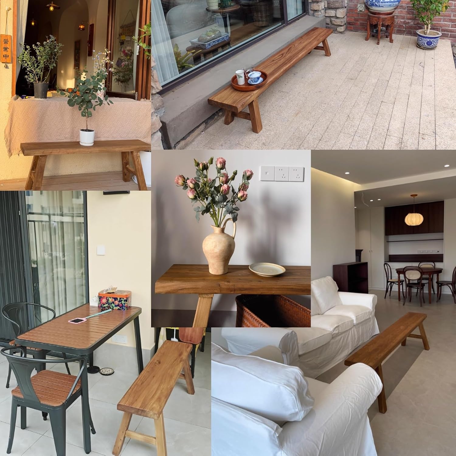 Banc en bois d'intérieur - Long banc de couloir en bois rustique massif avec capacité de 200 kg pour entrée, coin petit-déjeuner ou bout de lit – Image 6
