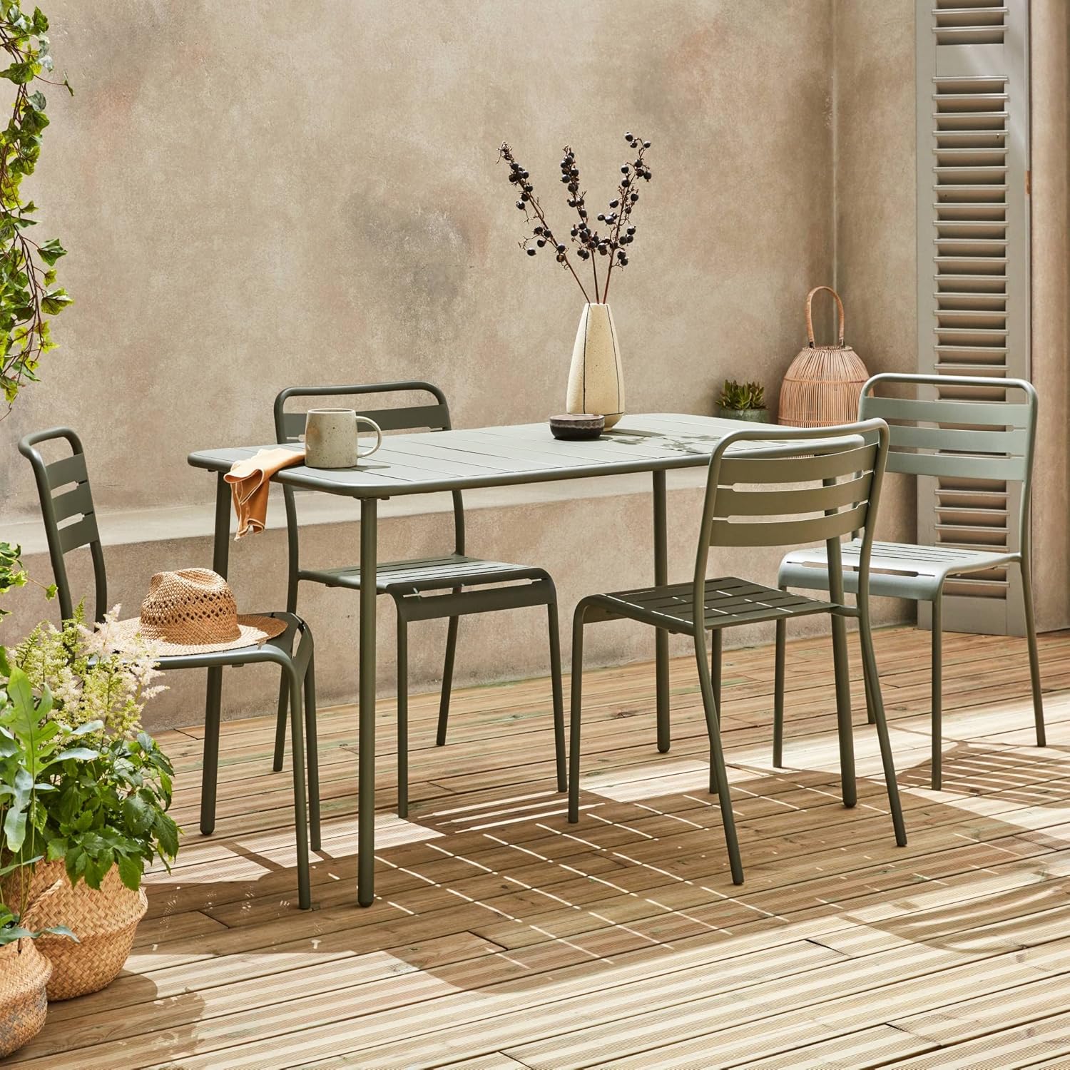 sweeek - Table de Jardin métal + 4 assises Anthracite en Kaki. Amelia. 120x70xH72.5cm – Image 3
