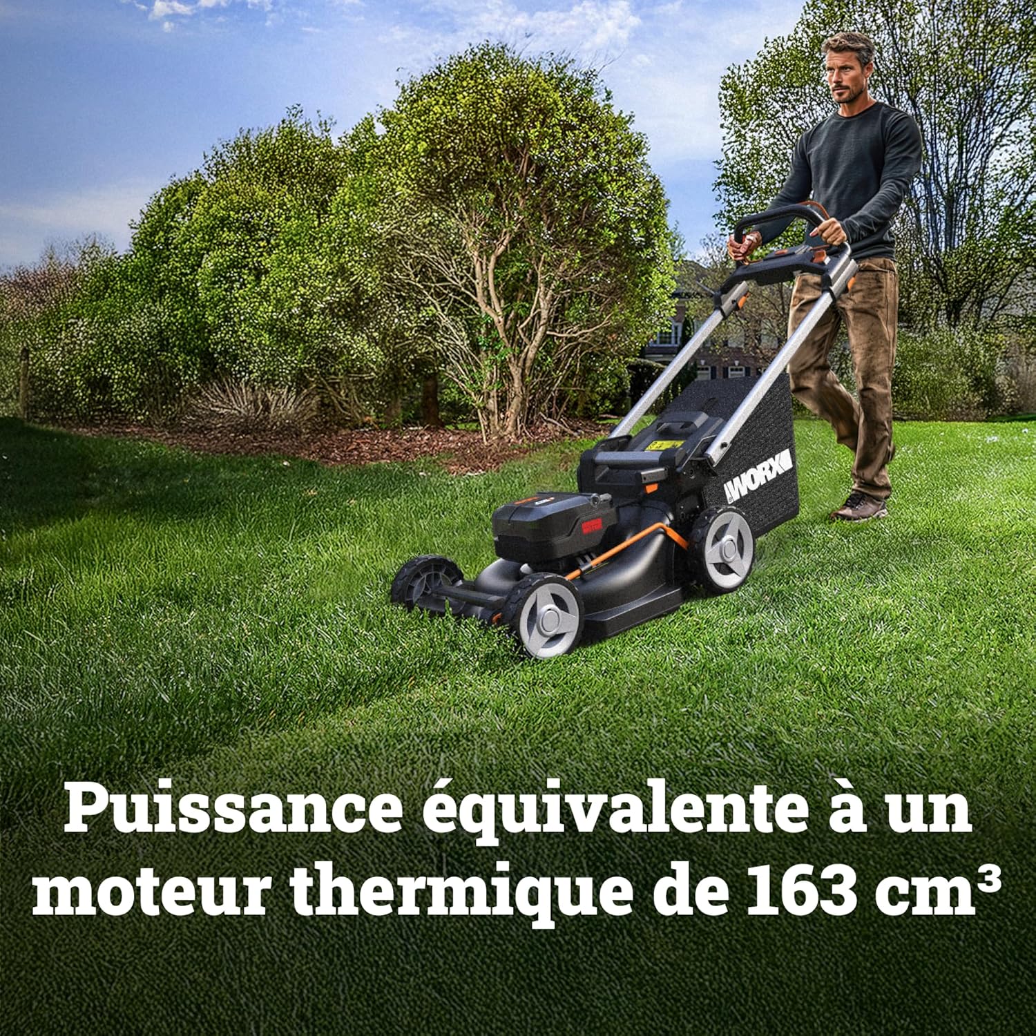 WORX Tondeuse à Gazon tractée Brushless sans Fil 40V WG749E, jusqu'à 500m² sur Une Charge, diam. 46cm, Coupe jusqu'aux Bordures, Sac de 55 L, Mulching, livée avec 2 Batteries 4Ah et Chargeur – Image 3
