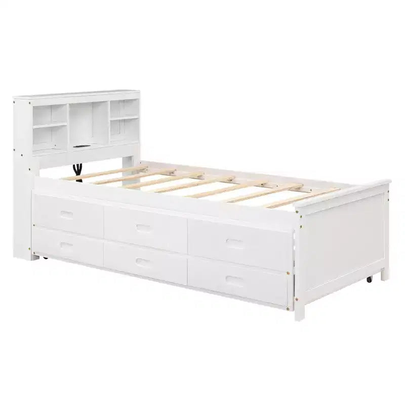 Platform Bed with Trundle and Drawers, Storage Platform Bed with USB, Wood Platform Bed with Bookcase – Image 13