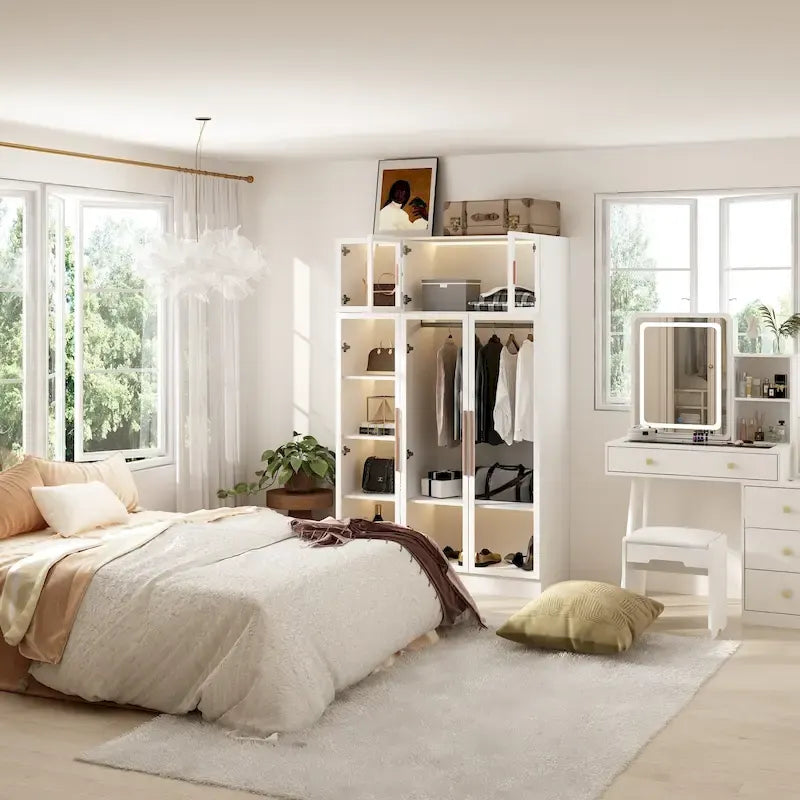 47.2 Wide Armoire LED Light All Glass Door Closet Cabinet Wardrobe – Image 43