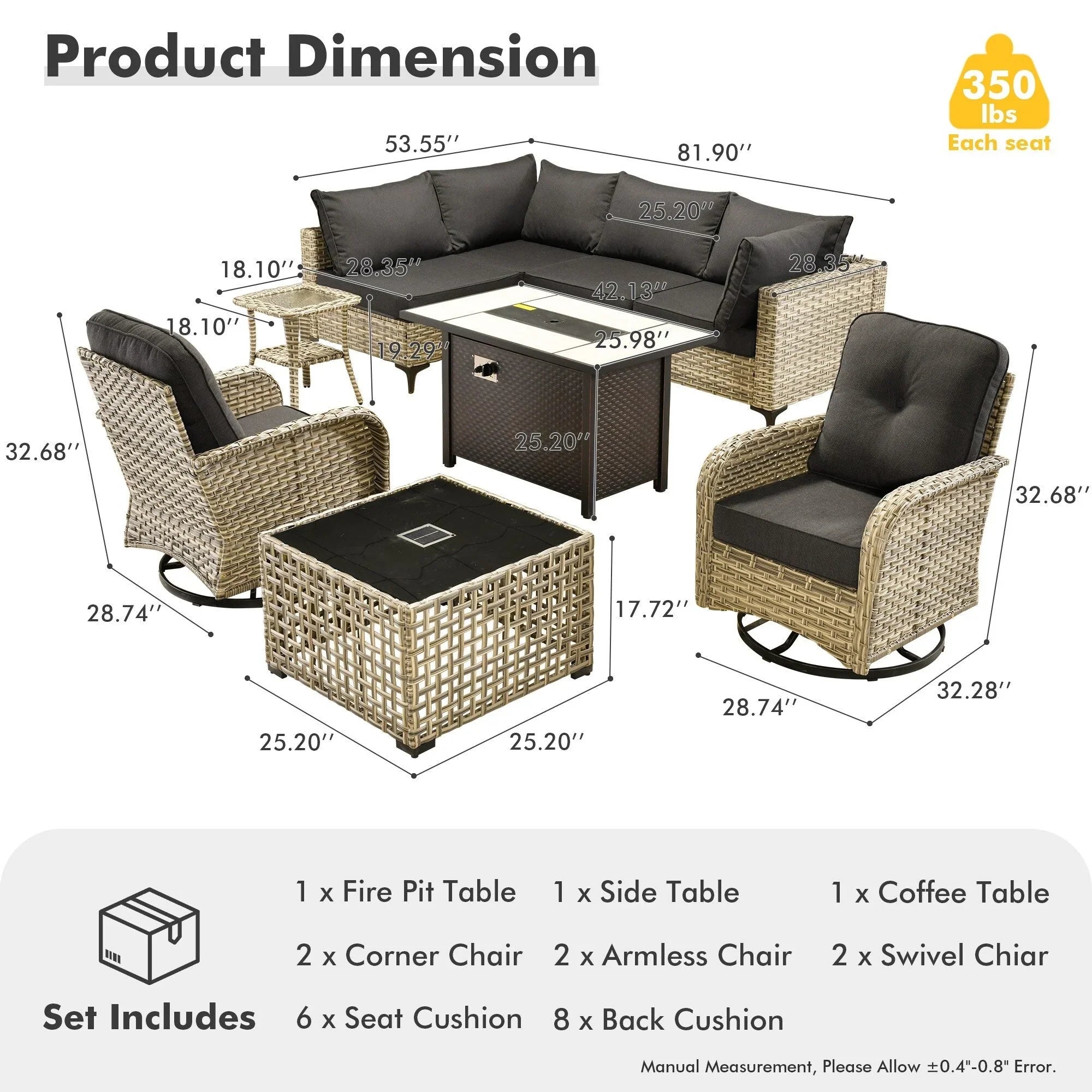 OVIOS 9 Pieces Outdoor Wicker Swivel Chair Set With Fire Table – Image 51