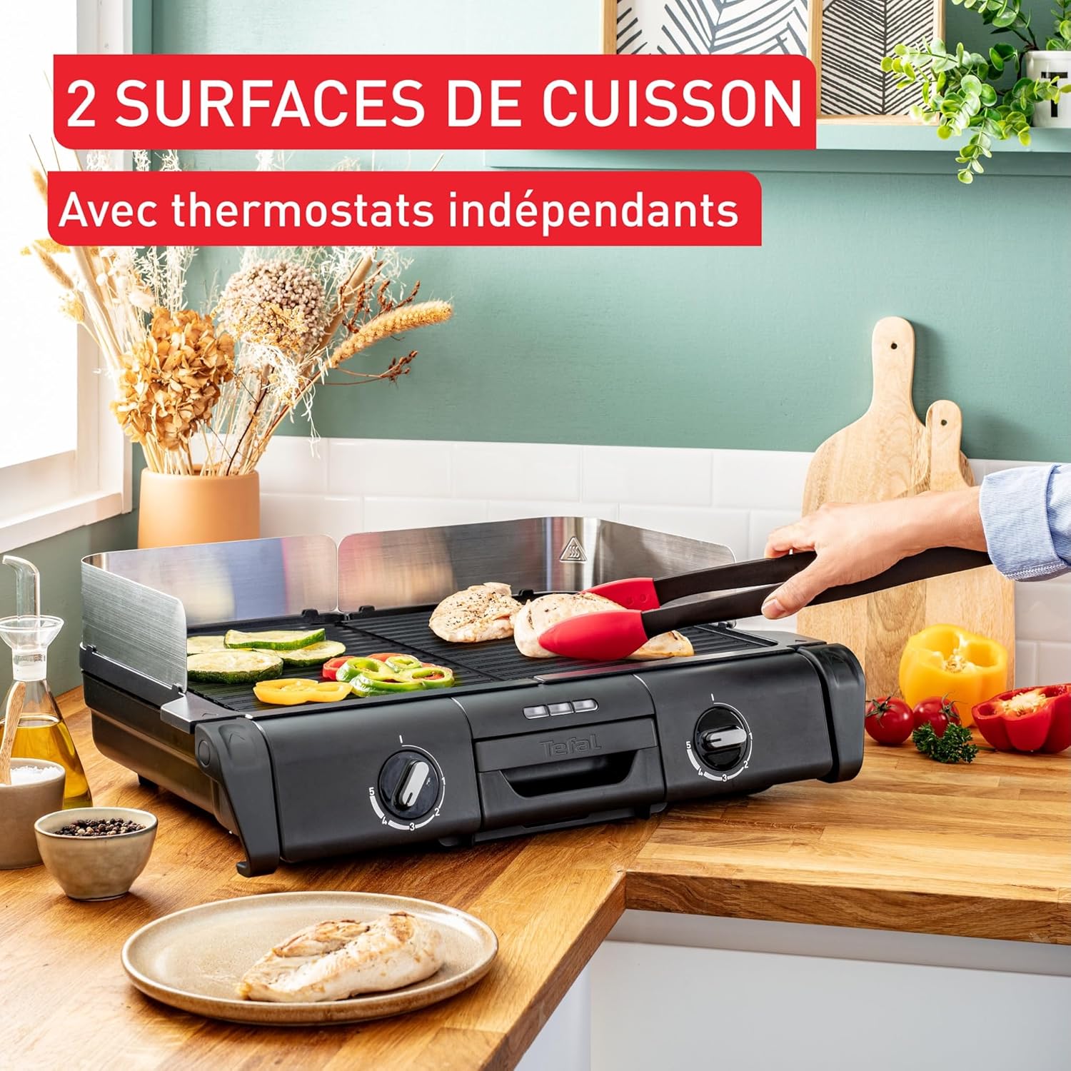 Tefal Barbecue électrique XL Family Grill 2400W avec 2 thermostats réglables, Usage extérieur et intérieur, 2 surfaces de cuisson compatibles lave vaiselle TG800N10 – Image 3