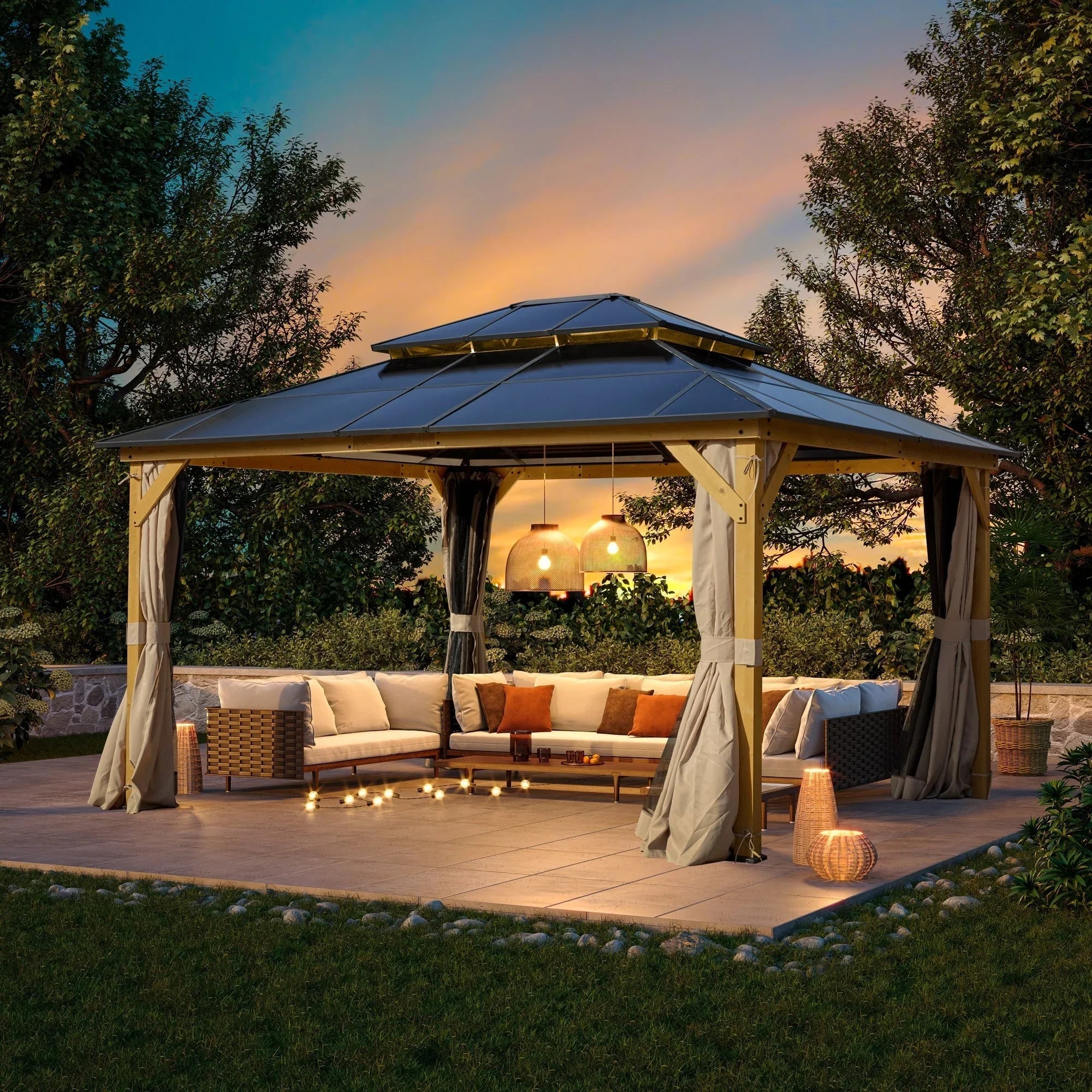 EROMMY Hardtop Gazebo,Outdoor Pergola with Double Roof & Netting & Curtains,Heavy Duty Canopy for Patio, Backyard, Pool party – Image 18