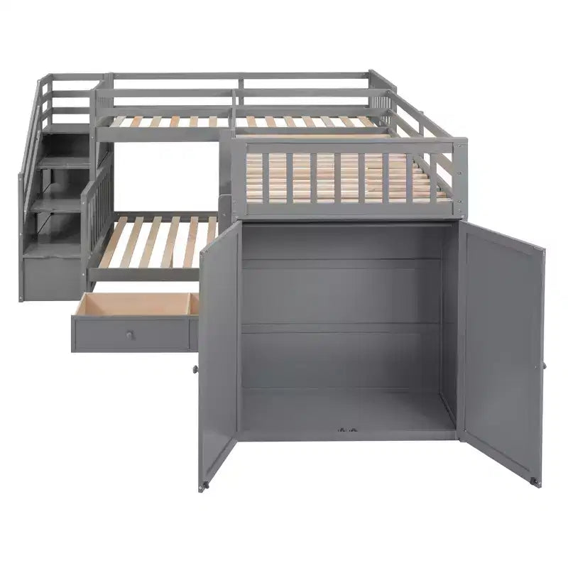 Whisen Modern Design Twin over Full L-Shaped Bunk Bed With 3 Drawers, Portable Desk and Wardrobe – Image 47