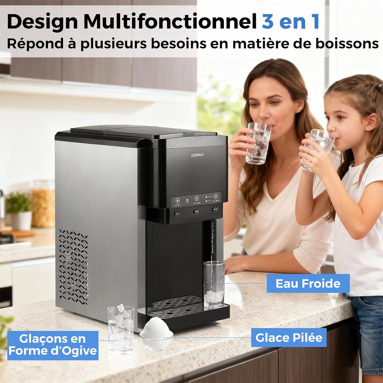 COSTWAY 3 en 1 Distributeur d'Eau avec Machine à Glaçons en Cubes et Glace Pilée 20 kg en 24h, Refroidisseur d'Eau de Comptoir, Remplissage Manuel/Automatique, pour Maison, Cuisine, Bureau – Image 6