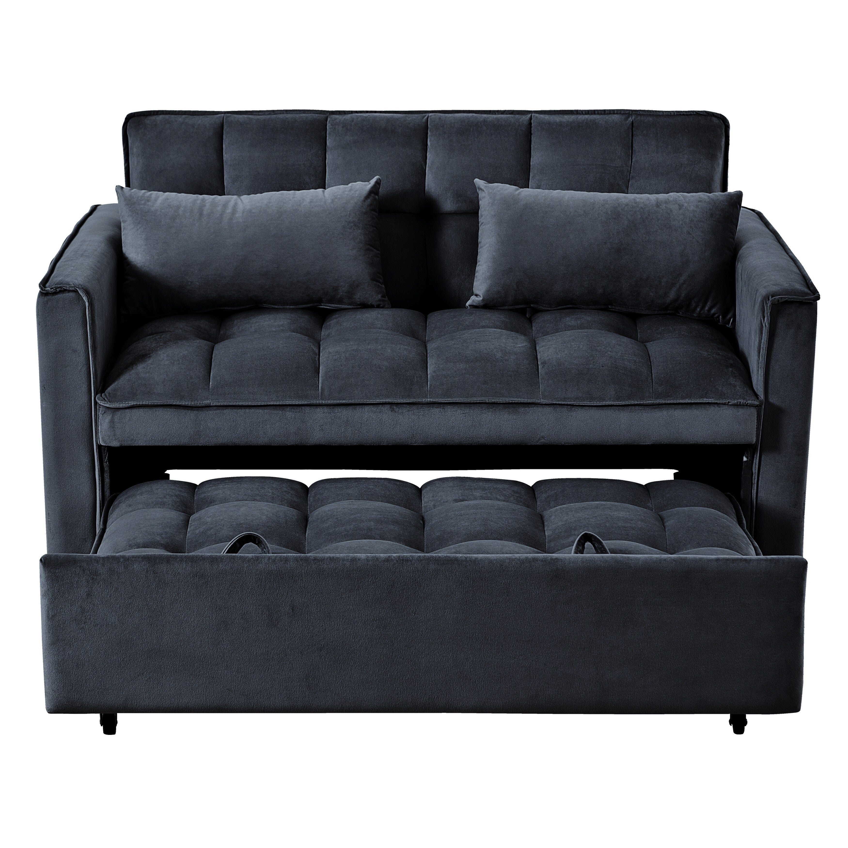 Modern Pull-Out Couch Bed, 3-in-1 Sleeper Sofa with Adjustable Backrest, Velvet Loveseat, Pillows & Side Pockets – Image 25