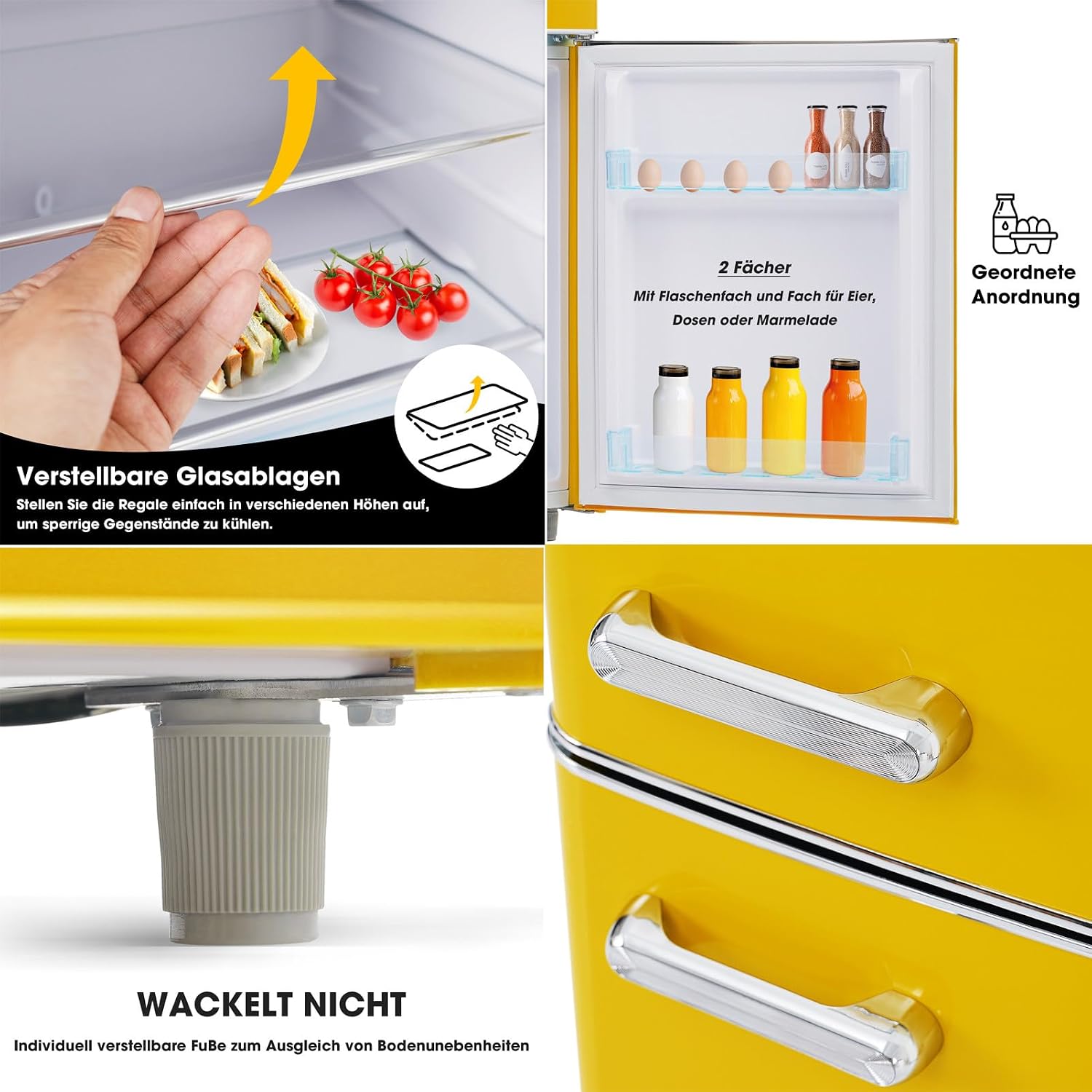 Réfrigérateur-congélateur Style rétro, Deux Portes, capacité Totale de 72 litres, Compartiment congélateur de 21 litres, consommation énergétique de 120 kWh/an, éclairage LED Yellow – Image 7