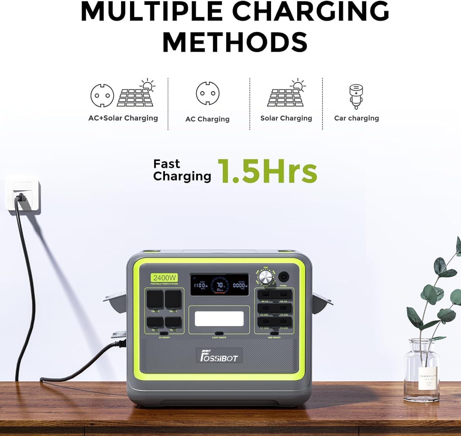 FOSSiBOT F2400 Generateur Electrique Portable, 2048Wh Batterie LiFePO4 Station électrique, 3 Sorties CA 2400W (4800W Pic) 230V Groupe Electrogene Solaire pour Camping, Voyage Maison/Bureau – Image 7