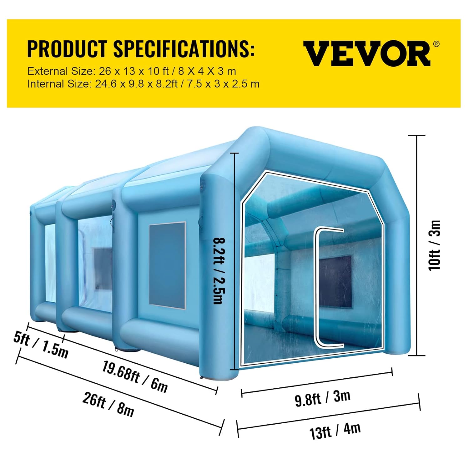 VEVOR Cabine de Peinture Gonflable, 8x4x3 m, Tente Peinture Gonflable Automobile en Tissu Oxford 210 D, avec 2 souffleurs puissants et système de Filtre à air, Station de Travail pour Garage, Atelier – Image 7
