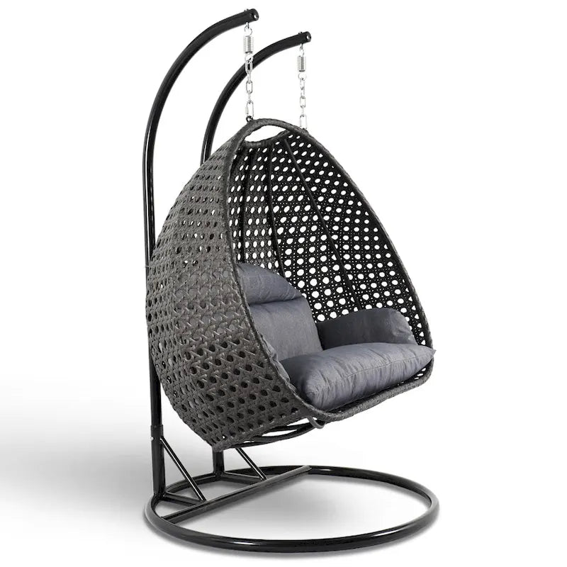 LeisureMod 2 Person Hanging Egg Chair with Stand - Outdoor/Indoor Rattan Wicker Patio Swing Hammock Lounger with Cushions – Image 23
