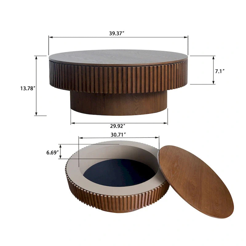 Modern Solid Wood Veneered Round Coffee Tea Table with Storage – Image 36