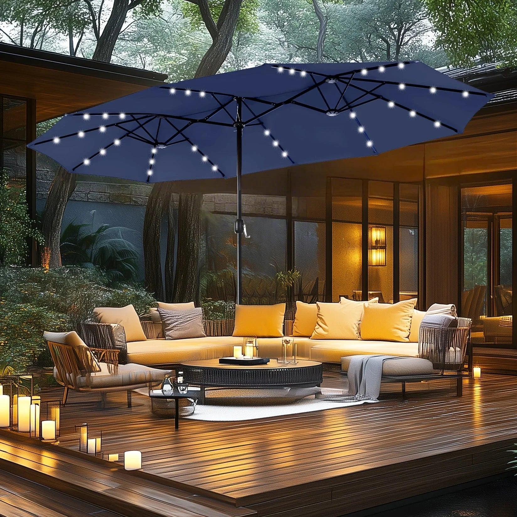 MAISON ARTS 15-foot Rectangular Crank Double-sided Outdoor Market Umbrella Solar LED Lighted Patio Umbrella with Base Included – Image 6