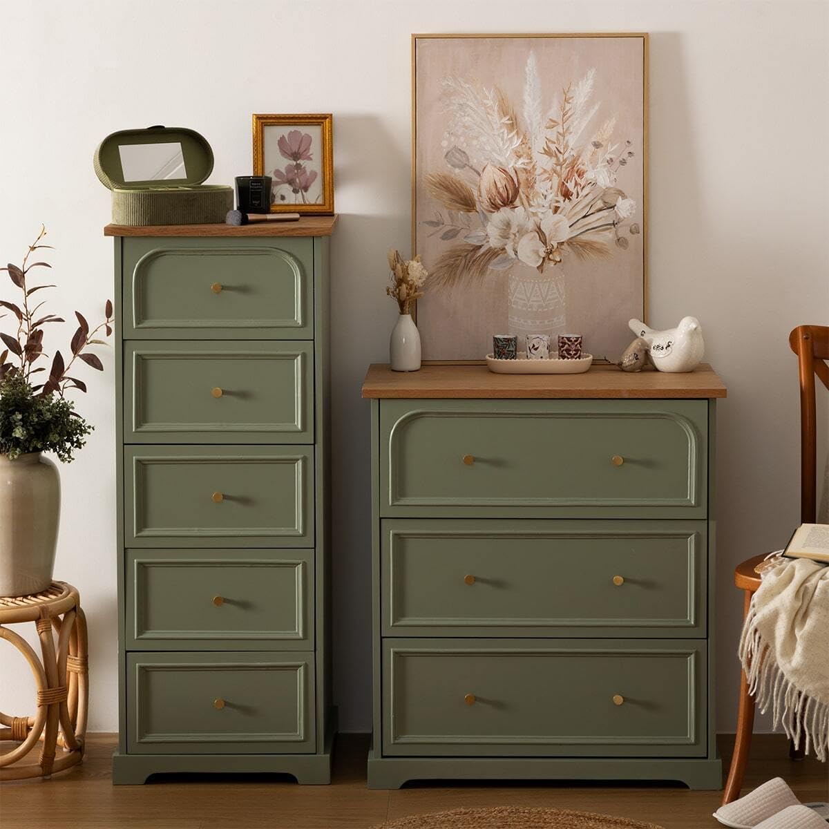Atmosphera - Chiffonnier Mohea 5 Tiroirs Vert Céladon et Bois, L 45 x H 113 cm - Meuble de Rangement pour Chambre, Salon, Entrée – Image 2