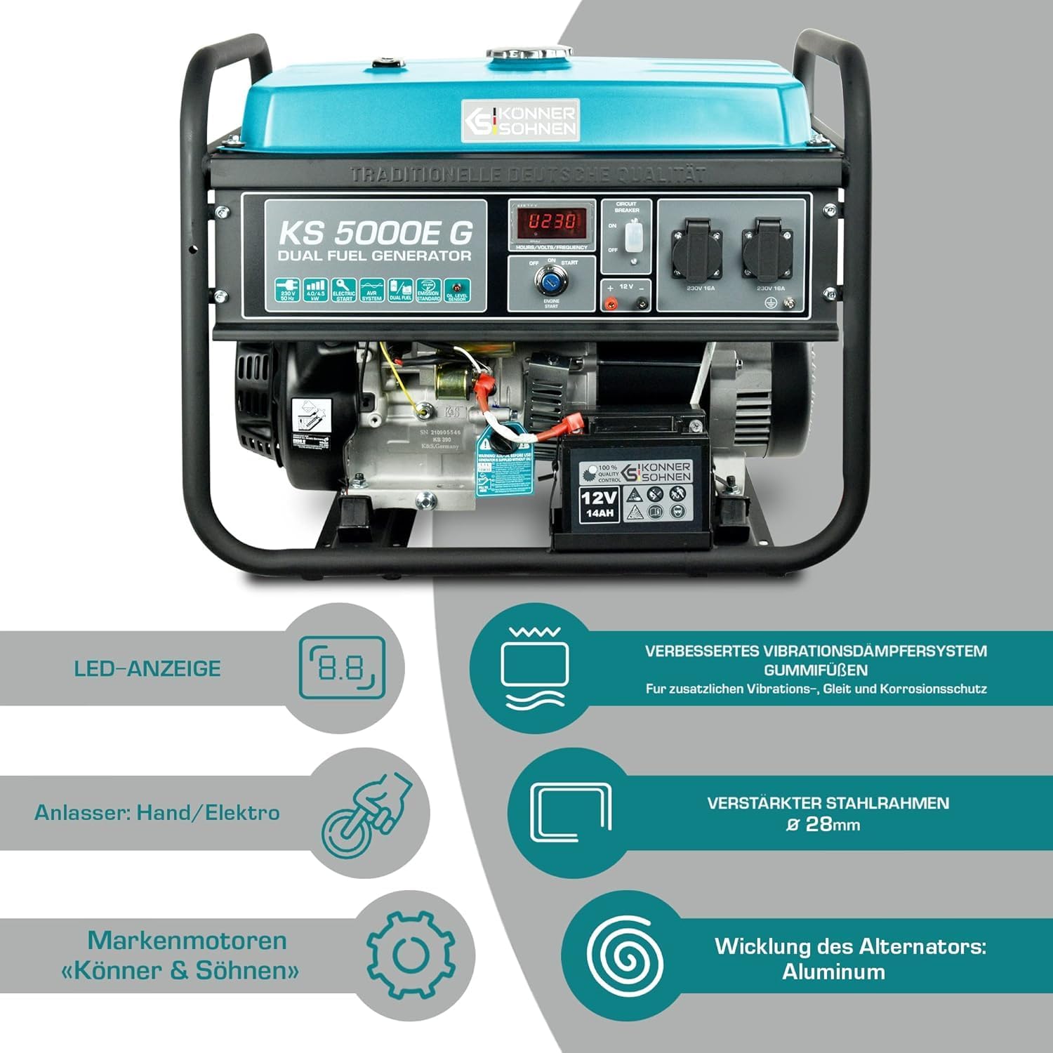 Groupe électrogène à essence/gaz KS 5000E G Könner & Söhnen, puissance maximale 4500W, démarrage manuel/électrique, prises 2x16A, 12 V, régulateur de tension automatique (AVR), affichage LED. – Image 3