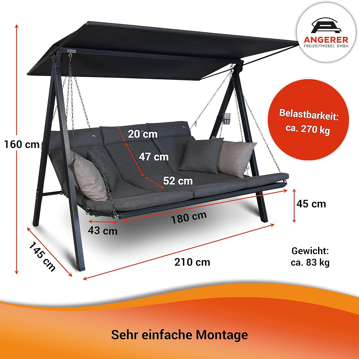 ANGERER Balancelle de Jardin Lounge Smart 3 Places, Acier Galvanisé, Toit Réglable, Position Assise et Allongée Réglable, avec Coussins et Textilène, pour Extérieur Smart Gris – Image 7