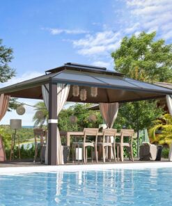 EROMMY Hardtop Gazebo,Outdoor Pergola with Double Roof & Netting & Curtains,Heavy Duty Canopy for Patio, Backyard, Pool party