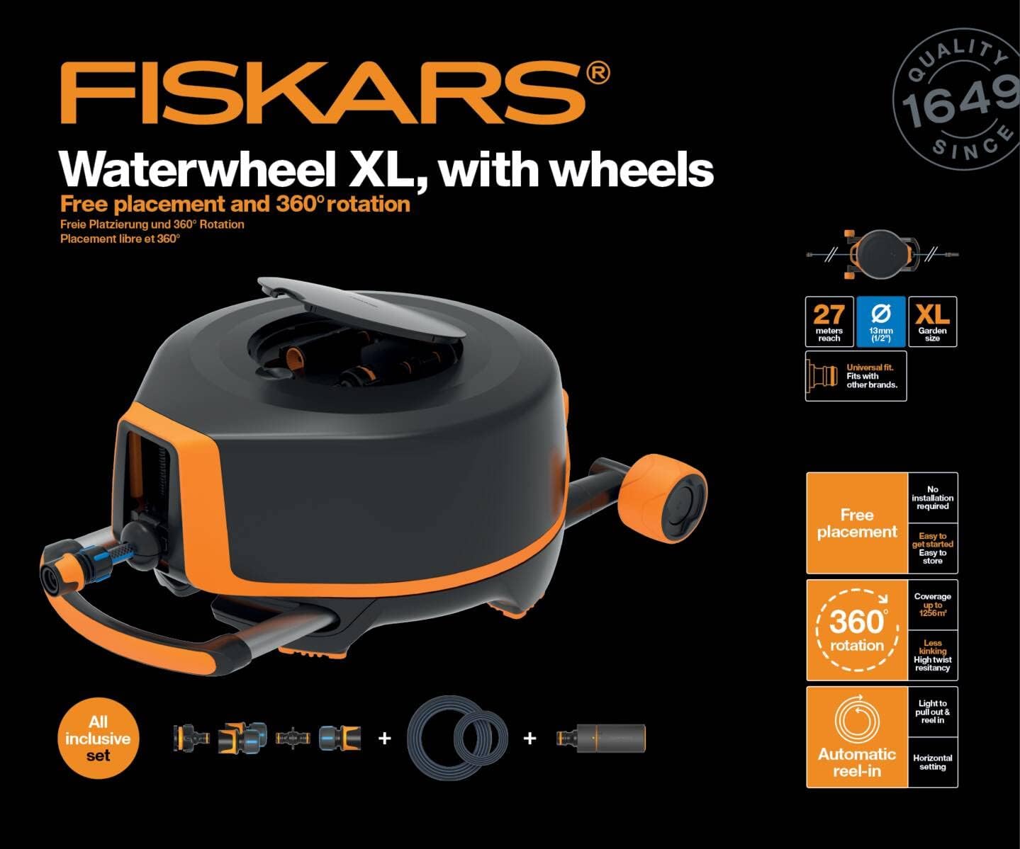 Fiskars Devidoir XL avec Roues, Set d'Arrosage Tout-en-1, Tuyau de 27 m, Tuyau à Enroulement automatique, Tuyau de taille universelle diamètre 13 mm , Raccord universel pour Robinet, noir/orange, 1025933 – Image 9