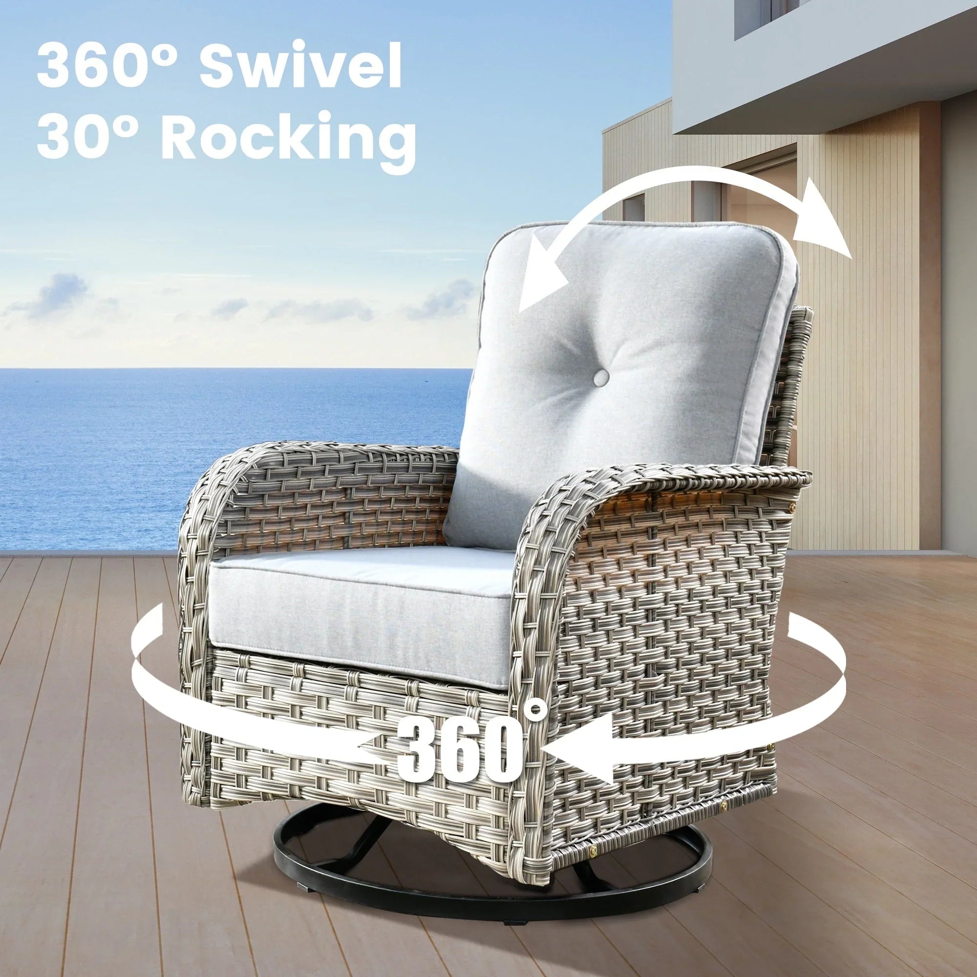 OVIOS 9 Pieces Outdoor Wicker Swivel Chair Set With Fire Table – Image 71