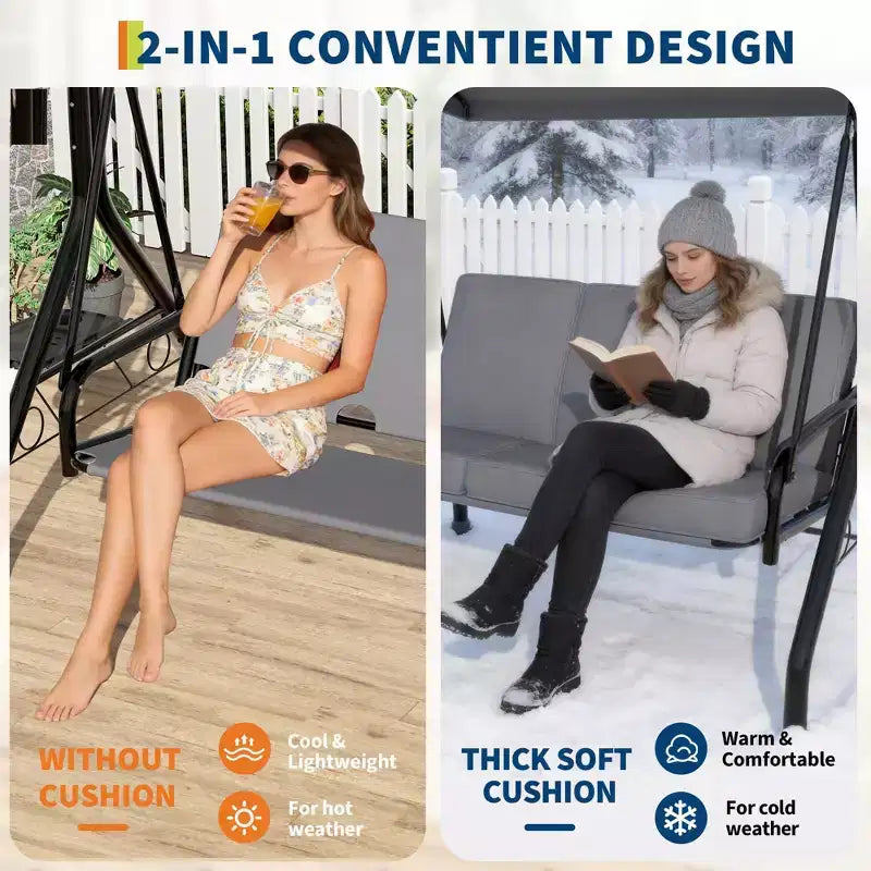 Coolmee 3 Seat Outdoor Porch Swing, 2-in-1 Patio Swing Chair with Thickened Removable Cushions, Weather Resistant Steel Frame for Backyard, Garden – Image 13