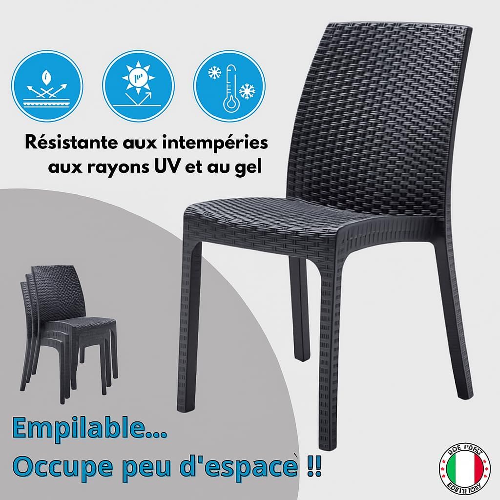 Tomaino - Chaise de jardin empilable en plastique - Lot de 6 chaises empilables pour table d'extérieur en rotin - Fauteuil en polypropylène pour maison, jardin, balcon, bar (Noir) – Image 2