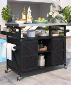 Alternative view of Outdoor Kitchen Island with Stainless Steel Top, Wooden Kitchen Cart with Doors, Shelves and Spice Rack, Rolling Kitchen Island