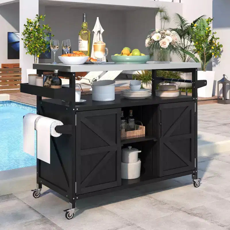 Outdoor Kitchen Island with Stainless Steel Top, Wooden Kitchen Cart with Doors, Shelves and Spice Rack, Rolling Kitchen Island – Image 2