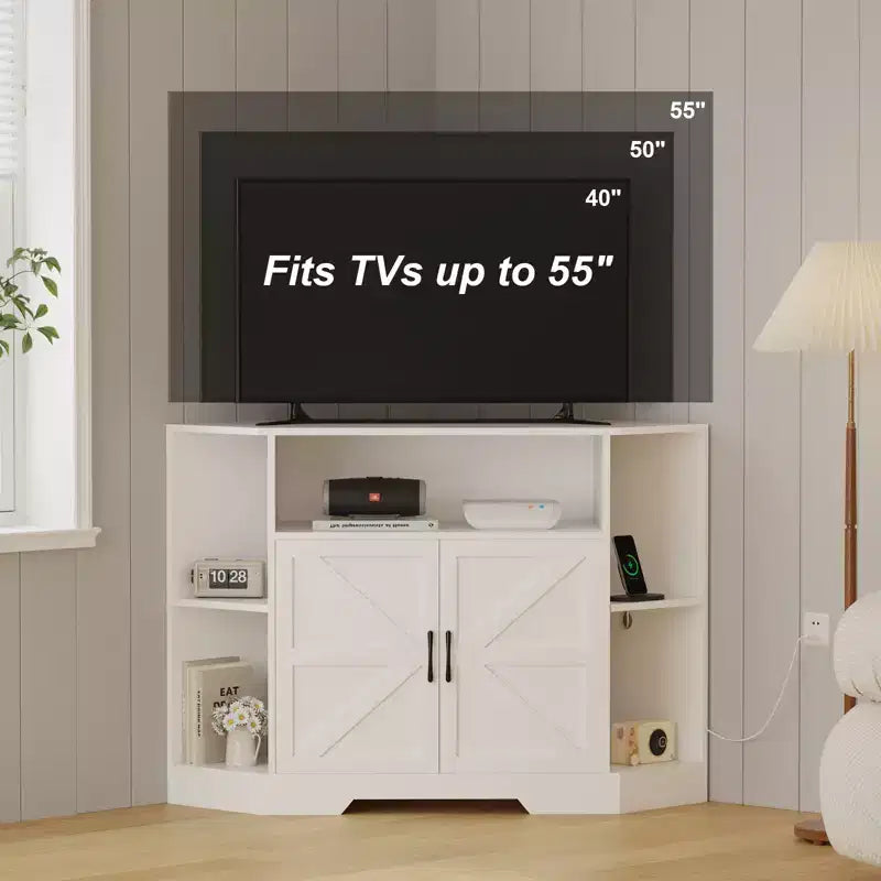 Corner TV Stand for TVs up to 55 Farmhouse Barn Door Media Console with Open Shelves & Storage Cabinet, White – Image 3