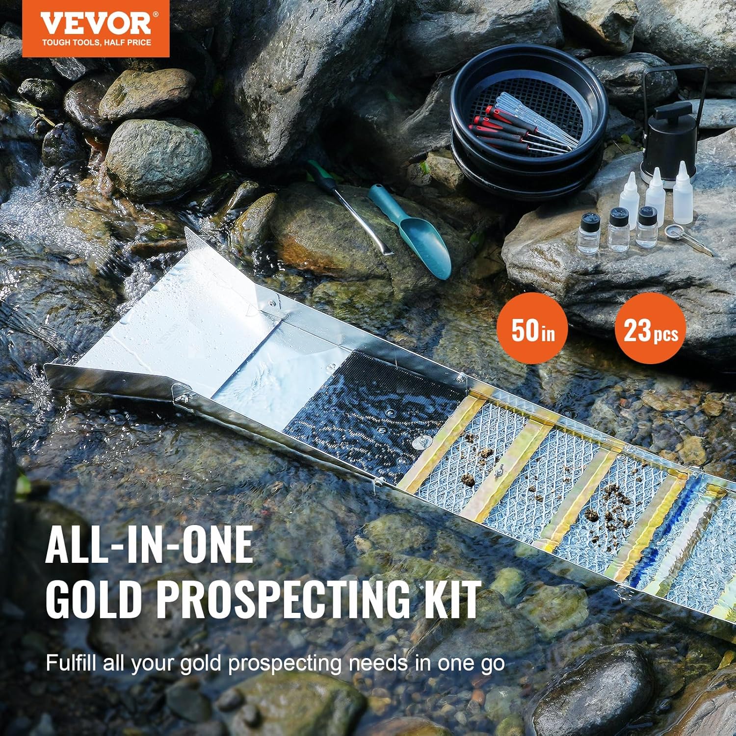 VEVOR Kit d'Orpaillage Portable 23 Pièces Rampe d'Orpaillage 127 cm en Aluminium Résistant avec Bâtée Tamis Pipettes Pelle et Sac de Transport Sluice pour Mineur Prospecteur d’Or Jardin Rivières – Image 3
