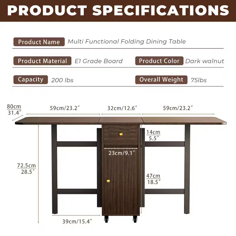 ATJafurn 59'' Foldable Dining Table with Drop Leaves for Small Space, Rectangular Wooden Extendable kitchen Table with Wheels and Storage – Image 5