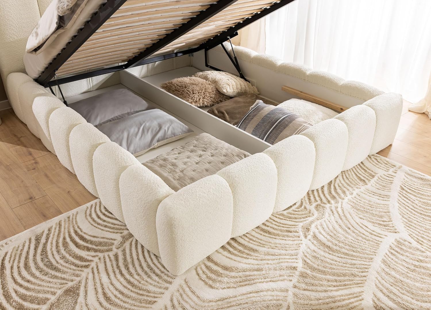 FURNISTAR MIA Lit capitonné avec coffre de lit, lit 140 x 200 cm, lit double avec espace de rangement et sommier à lattes, aspect lit à sommier tapissier, sans matelas, chambre à coucher - Blanc – Image 5