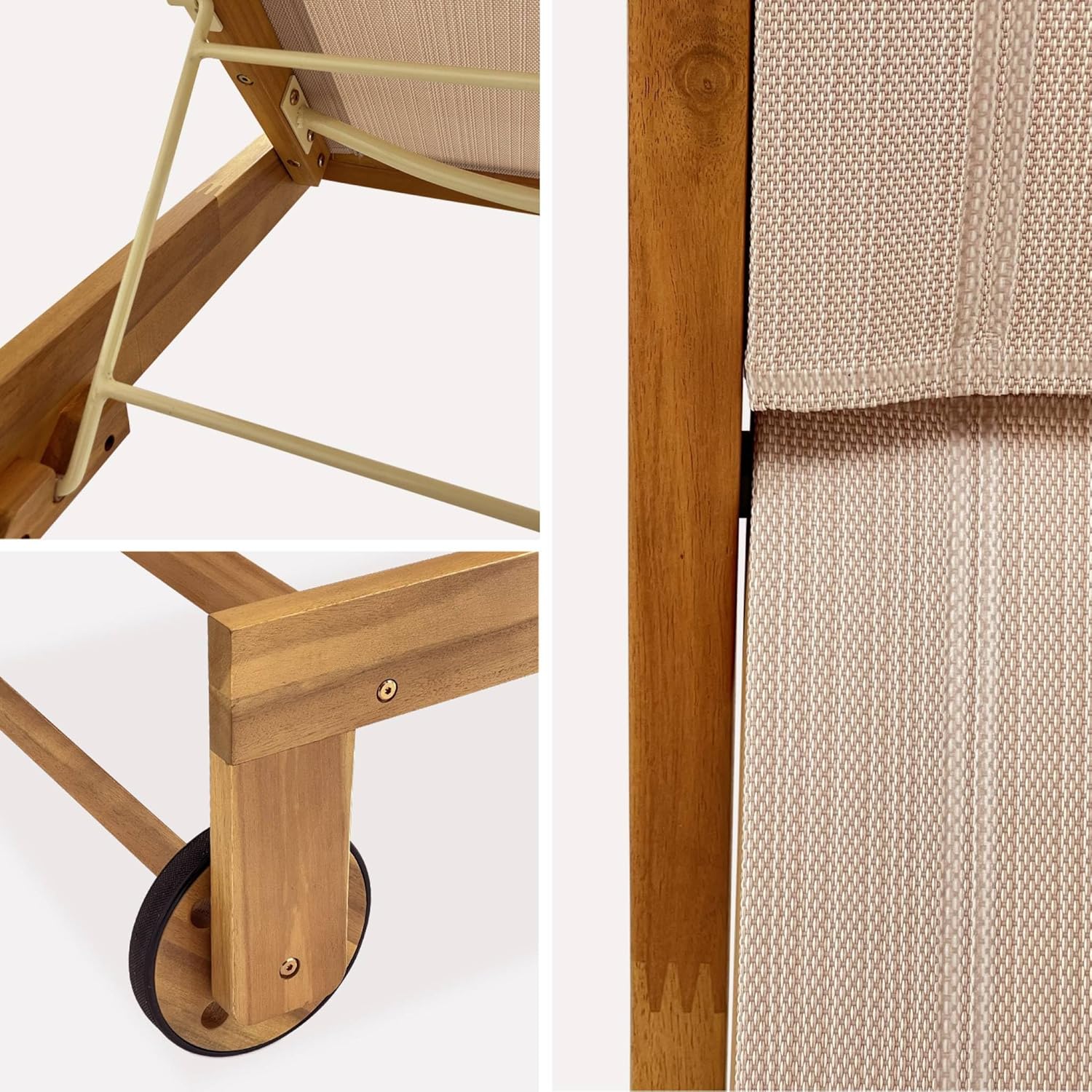 sweeek - Lot de 2 Bains de Soleil en Bois d'acacia et textilène Beige. Multi Positions avec roulettes – Image 9