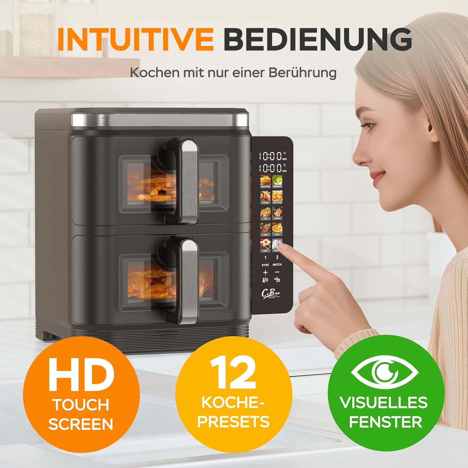 COBNN Friteuse à air verticale double compartiment, 11L Dual Zone Airfryer avec écran couleur pliable, 10 programmes, fenêtre de visualisation, matériau ignifuge V0, 2800W – Image 4
