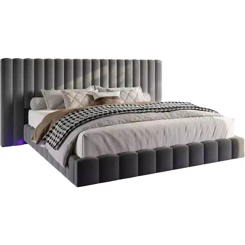 AMERLIFE Upholstered Platform Bed with LED Lights, Floating Design, Solid Slat Support – Image 18