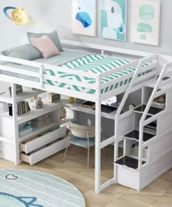 Okak Full/Twin Size Solid Wood Bunk Bed with 2 Built-in Drawers & Storage Staircase Loft Bunk Bed with Desk & Shelves for Kids Teens, Easy Assemble