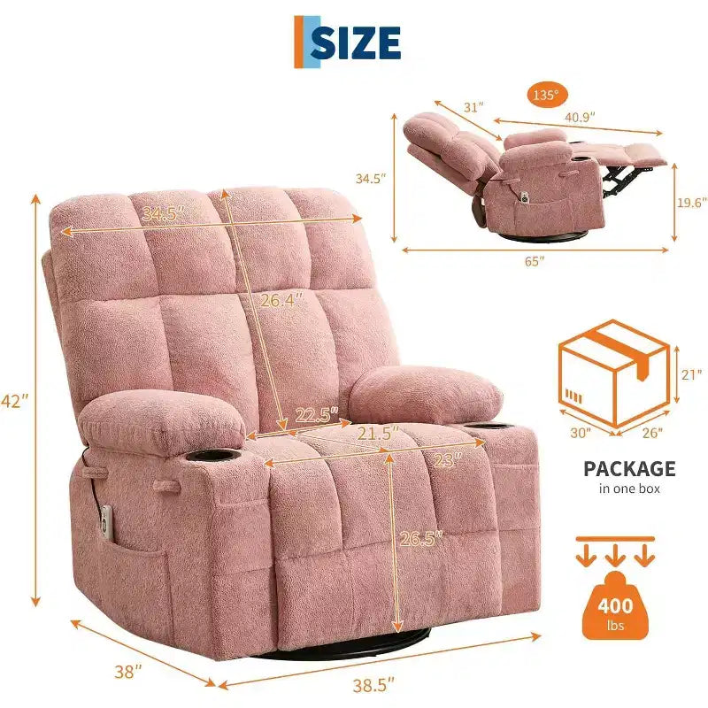 Oversized Recliner Chair for Adults, Manual Swivel Rocker Sofa, Side Pockets & Cup Holders for Big and Tall Persons, Living Room – Image 19