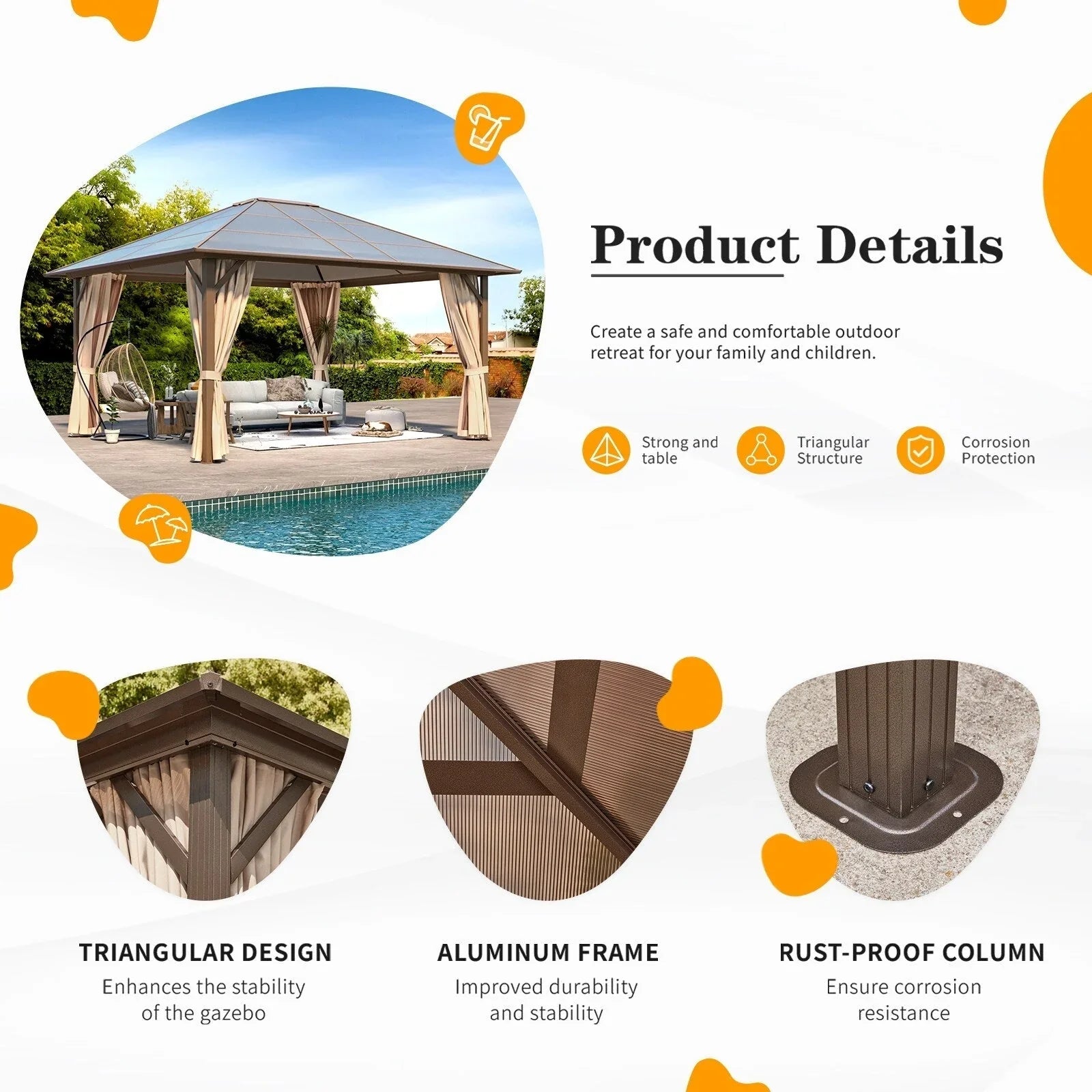 EROMMY Hardtop Gazebo,Outdoor Pergola with Double Roof & Netting & Curtains,Heavy Duty Canopy for Patio, Backyard, Pool party – Image 108
