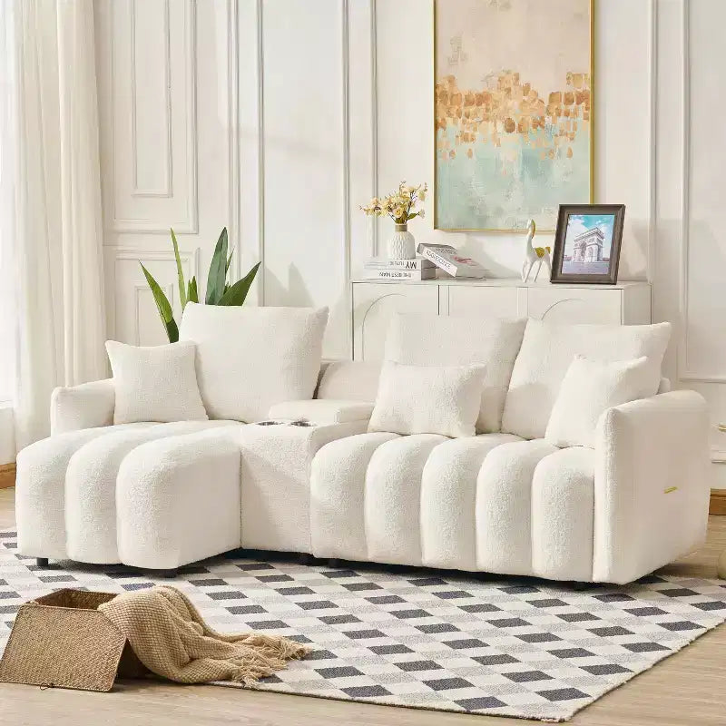 92 Teddy Fur Fabric Corner Sofa with Center Console, USB Ports & Coffee Table - White – Image 2